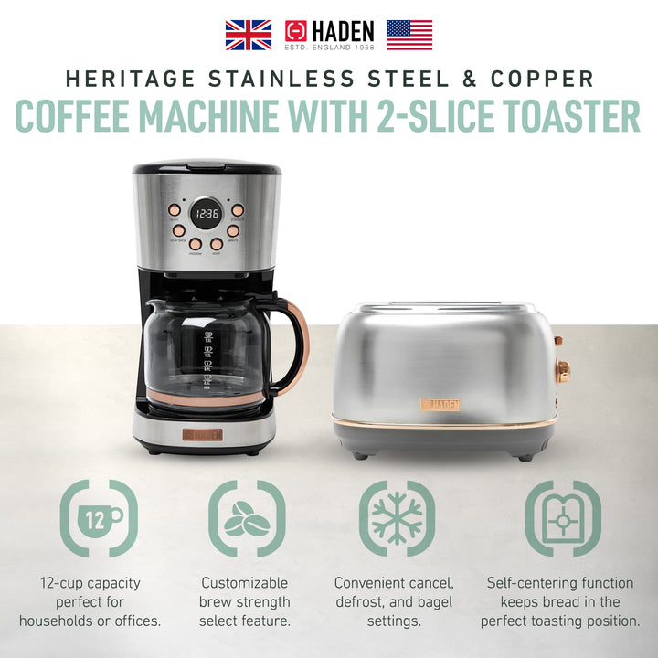 Haden Heritage 12 Cup Coffee Maker & 2 Slice Wide Slot Toaster Set, Steel/Copper