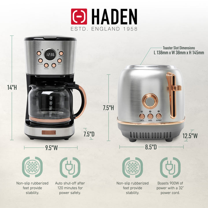 Haden Heritage 12 Cup Coffee Maker & 2 Slice Wide Slot Toaster Set, Steel/Copper