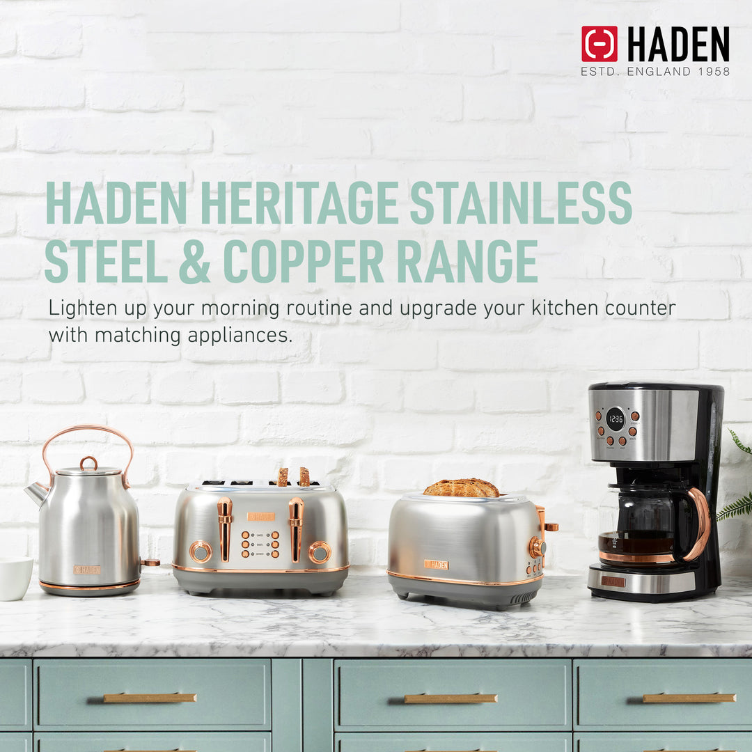 Haden Heritage 12 Cup Coffee Maker & 2 Slice Wide Slot Toaster Set, Steel/Copper