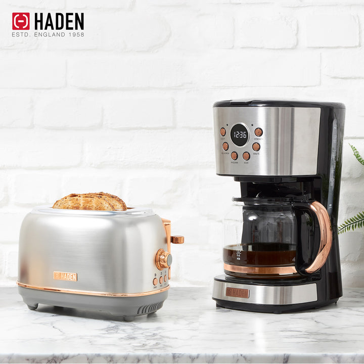 Haden Heritage 12 Cup Coffee Maker & 2 Slice Wide Slot Toaster Set, Steel/Copper