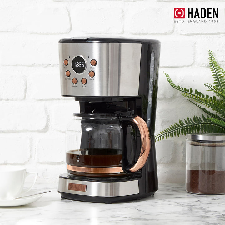 Haden Heritage 12 Cup Coffee Maker & 2 Slice Wide Slot Toaster Set, Steel/Copper