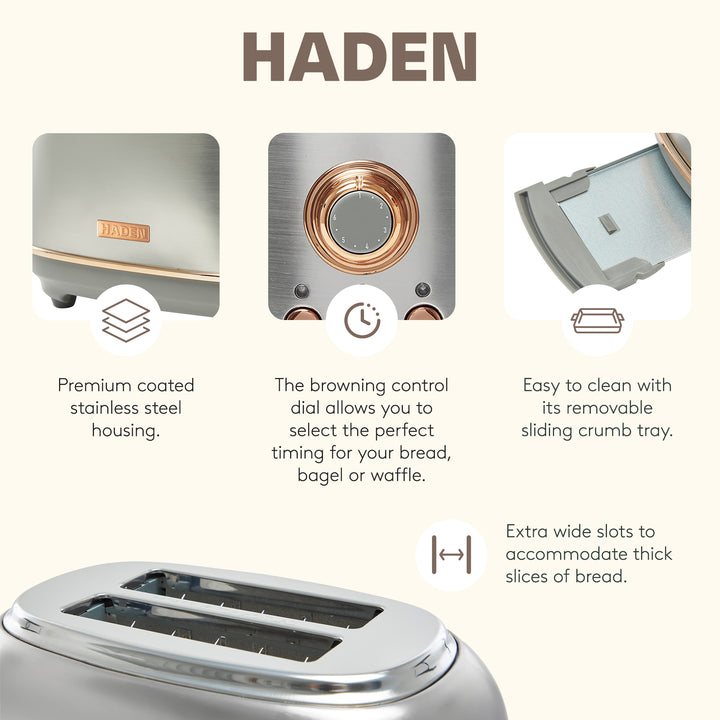 Haden Heritage 12 Cup Coffee Maker & 2 Slice Wide Slot Toaster Set, Steel/Copper
