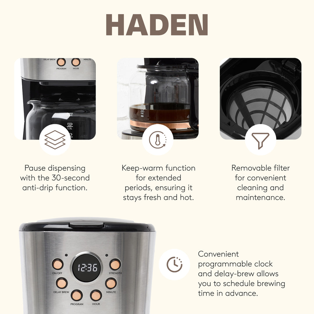 Haden Heritage 12 Cup Coffee Maker & 2 Slice Wide Slot Toaster Set, Steel/Copper