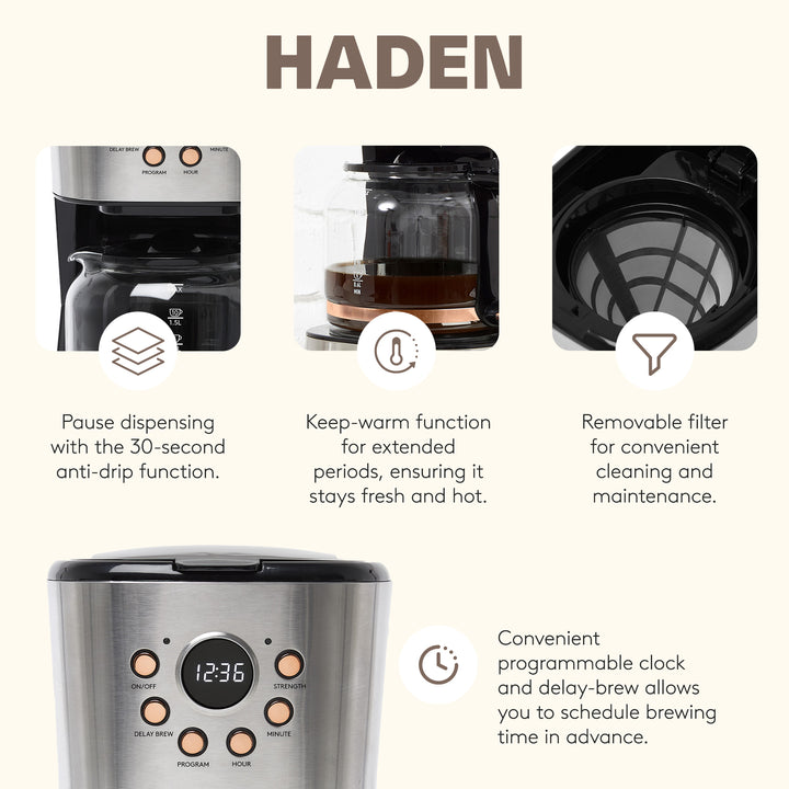 Haden Heritage 12 Cup Coffee Maker & 2 Slice Wide Slot Toaster Set, Steel/Copper