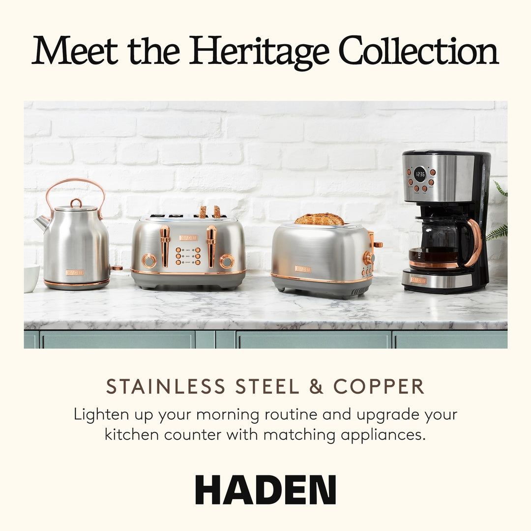 Haden Heritage 12 Cup Coffee Maker & 2 Slice Wide Slot Toaster Set, Steel/Copper