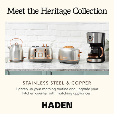 Haden Heritage 12 Cup Coffee Maker & 2 Slice Wide Slot Toaster Set, Steel/Copper