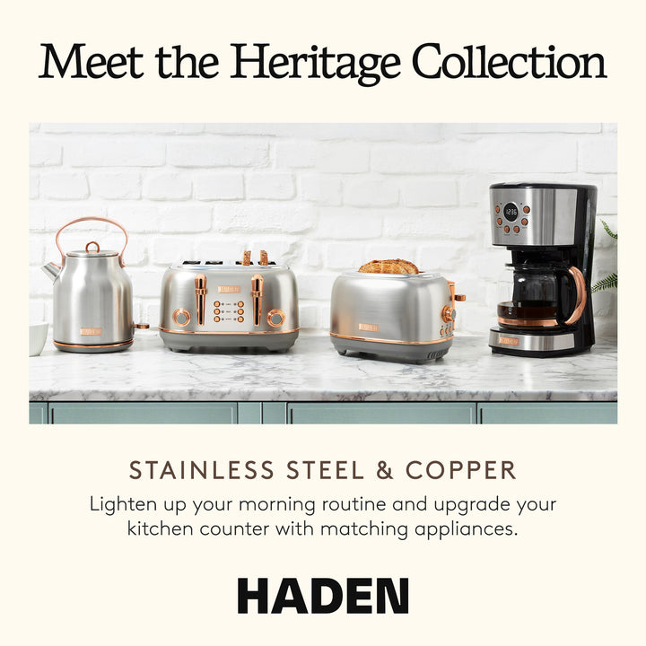Haden Heritage 12 Cup Coffee Maker & 2 Slice Wide Slot Toaster Set, Steel/Copper