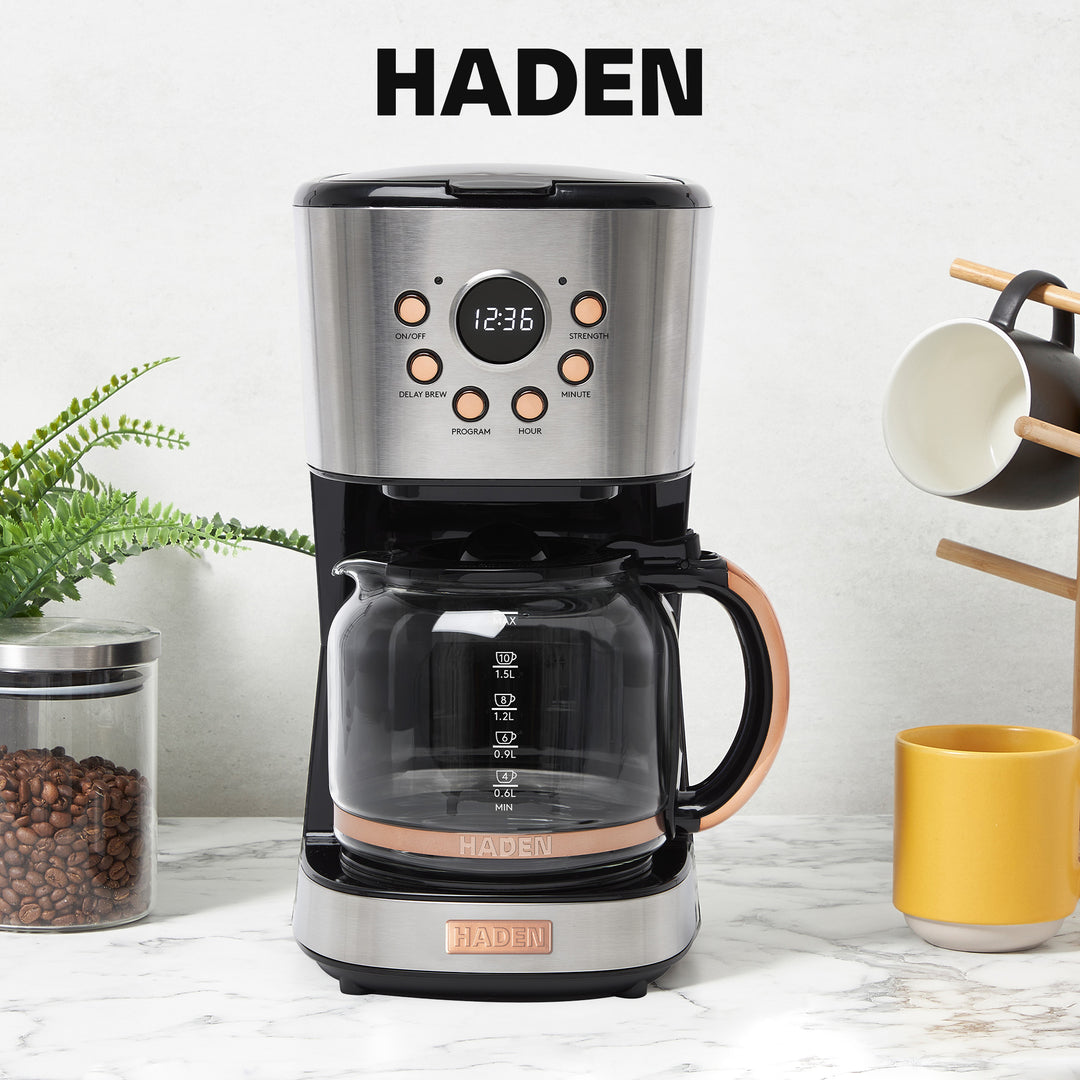 Haden Heritage 12 Cup Coffee Maker & 2 Slice Wide Slot Toaster Set, Steel/Copper