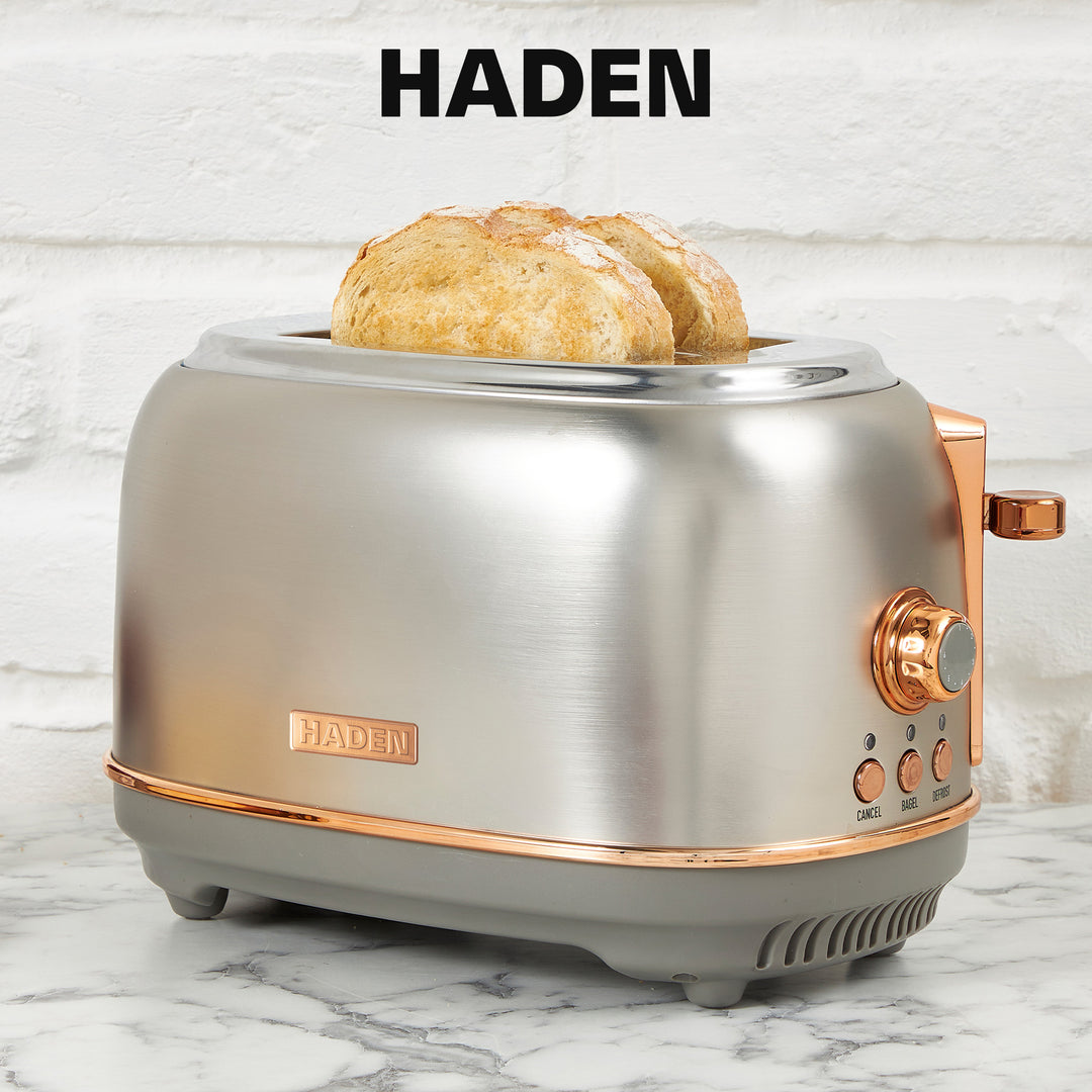 Haden Heritage 12 Cup Coffee Maker & 2 Slice Wide Slot Toaster Set, Steel/Copper