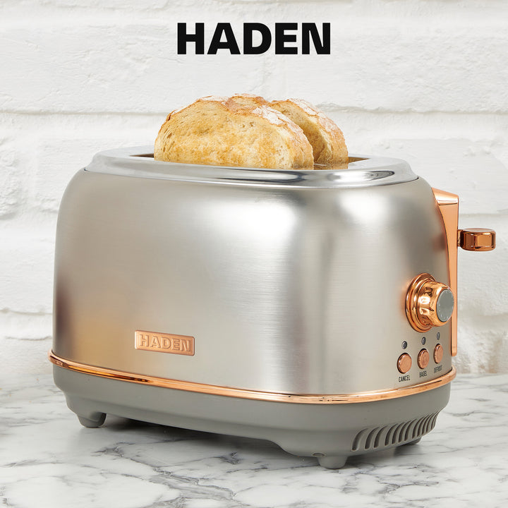 Haden Heritage 12 Cup Coffee Maker & 2 Slice Wide Slot Toaster Set, Steel/Copper