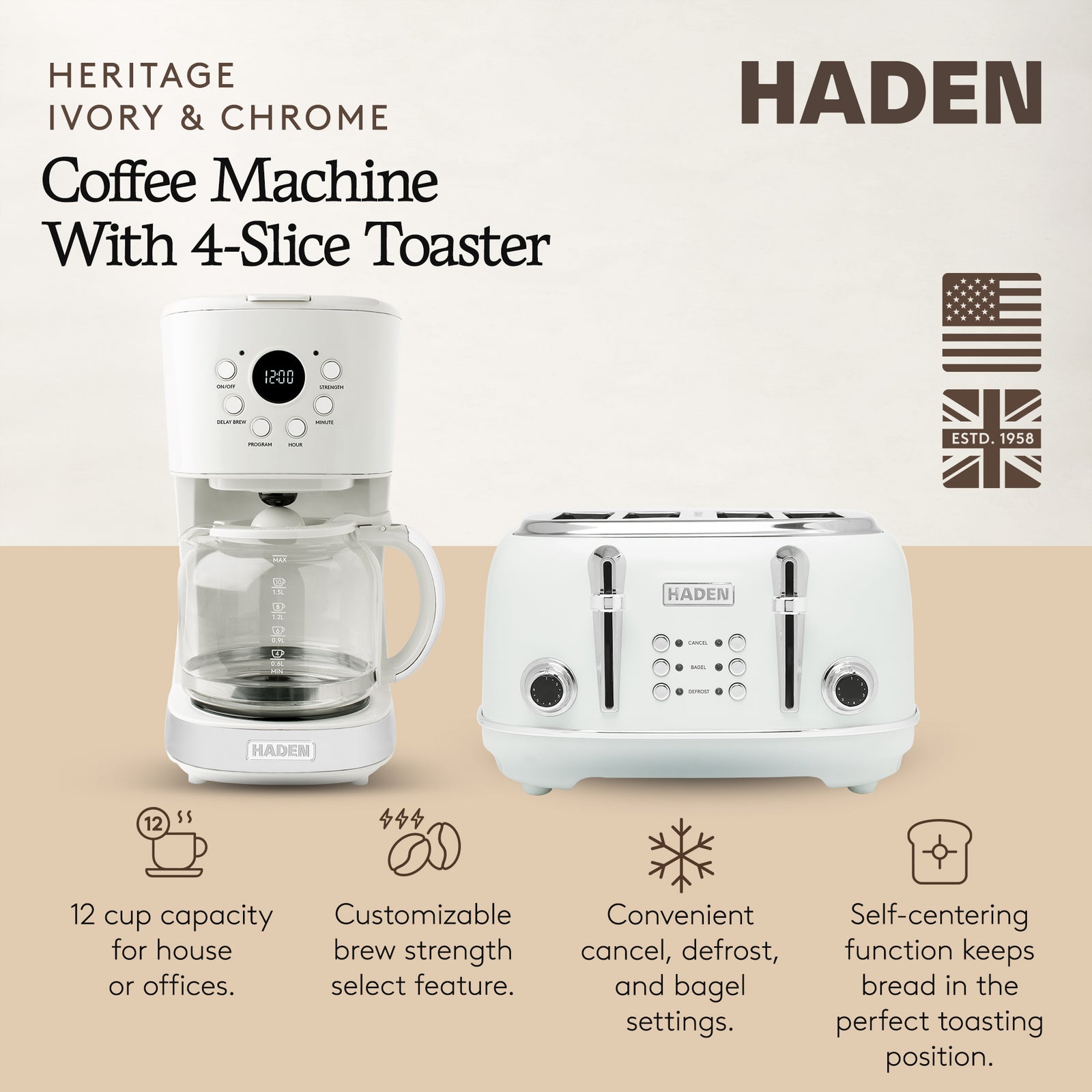 Haden Heritage 4 Slice Wide Slot Toaster & 12 Cup Coffee Maker, Ivory & Chrome - VMInnovations