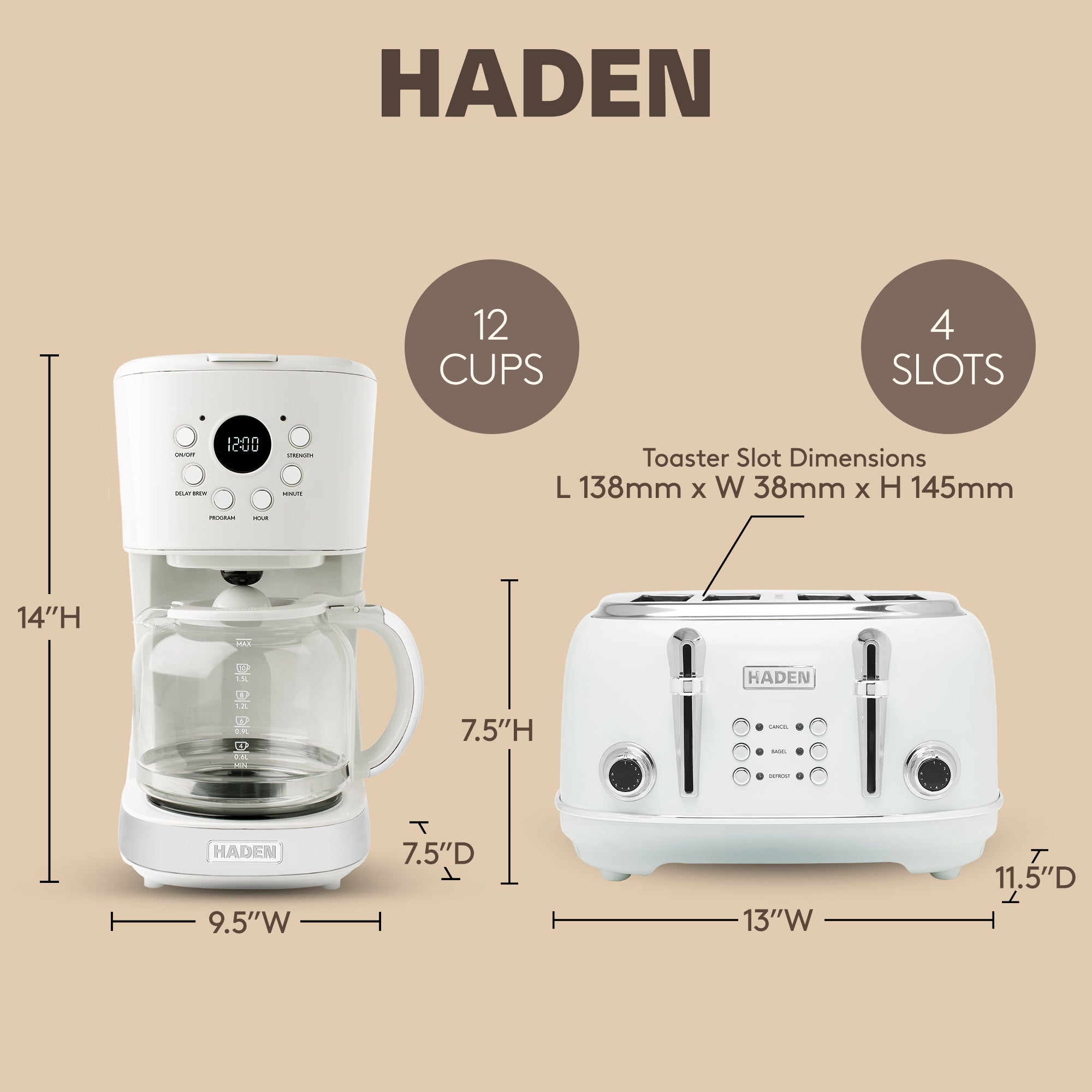 Haden Heritage 4 Slice Wide Slot Toaster & 12 Cup Coffee Maker, Ivory & Chrome - VMInnovations