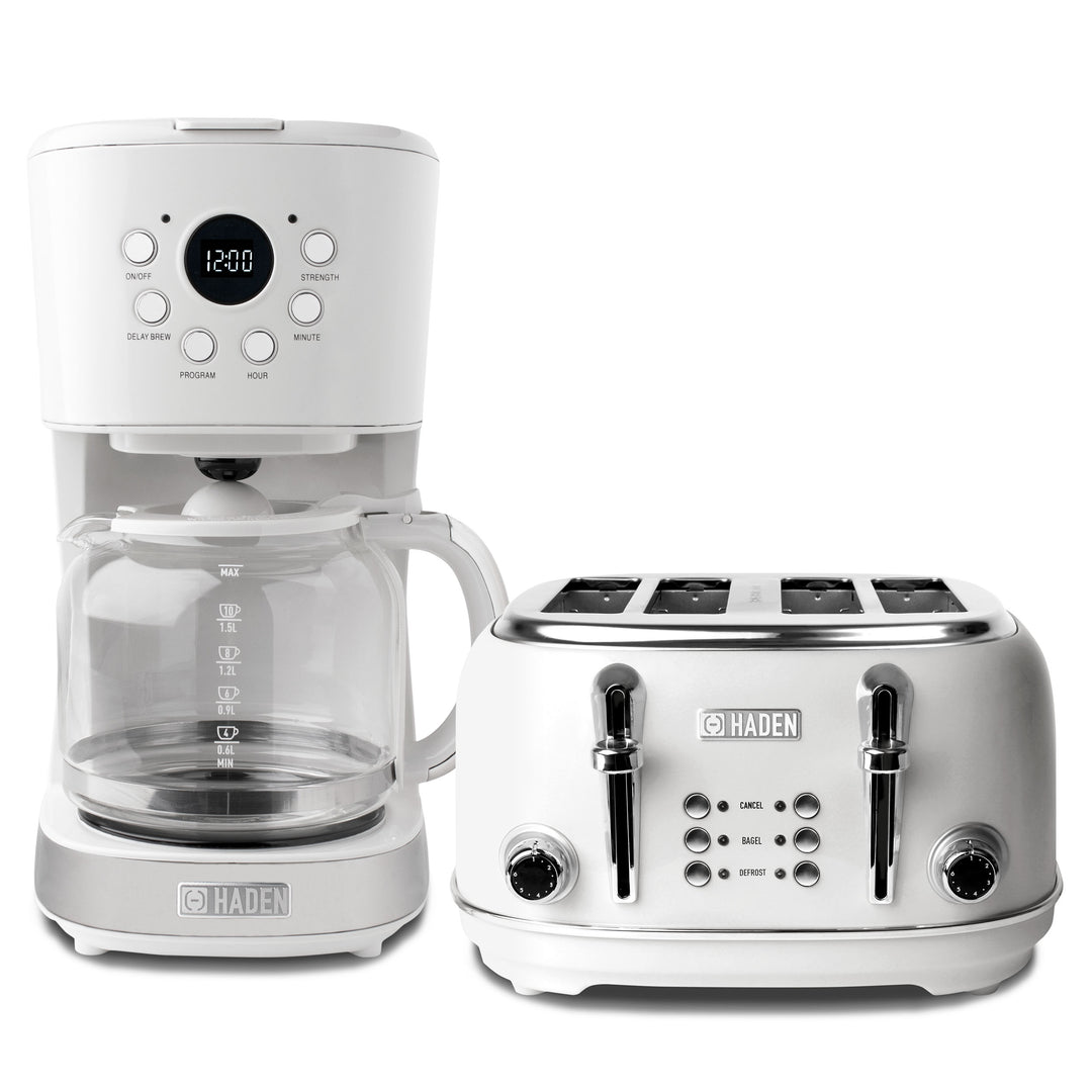 Haden Heritage 4 Slice Wide Slot Toaster & 12 Cup Coffee Maker, Ivory & Chrome