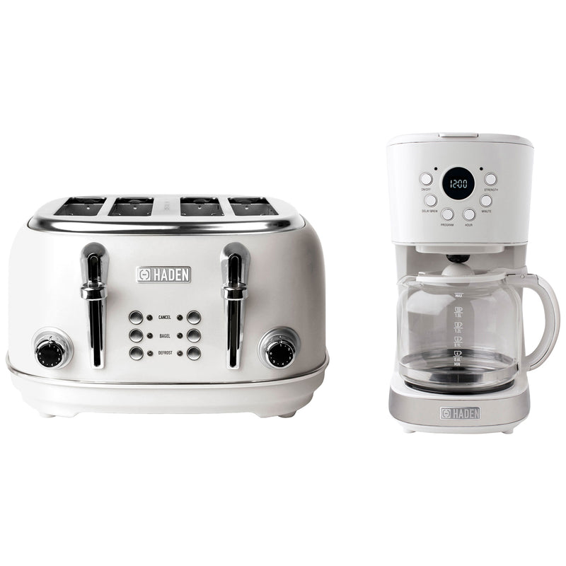 Haden Heritage 4 Slice Wide Slot Toaster & 12 Cup Coffee Maker, Ivory & Chrome