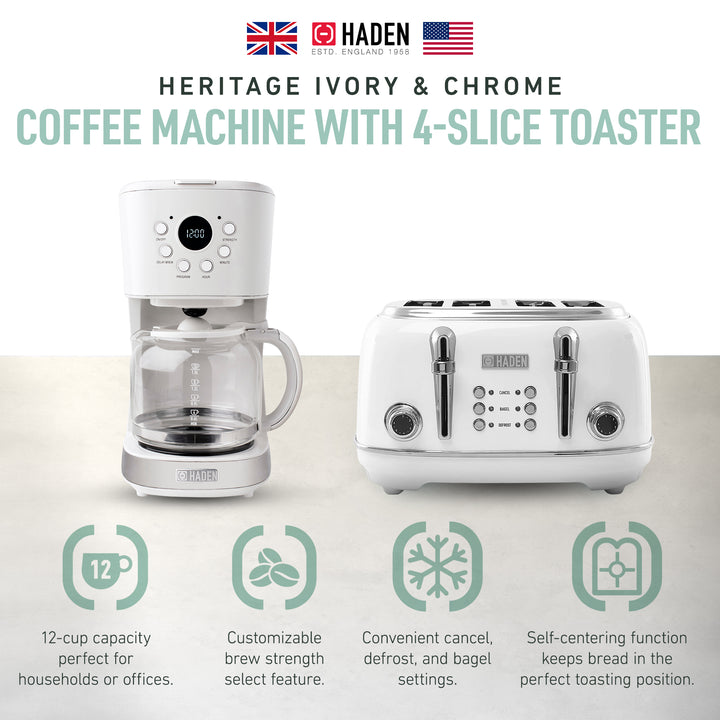 Haden Heritage 4 Slice Wide Slot Toaster & 12 Cup Coffee Maker, Ivory & Chrome