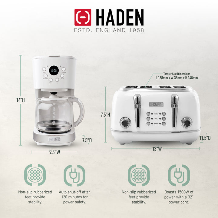 Haden Heritage 4 Slice Wide Slot Toaster & 12 Cup Coffee Maker, Ivory & Chrome