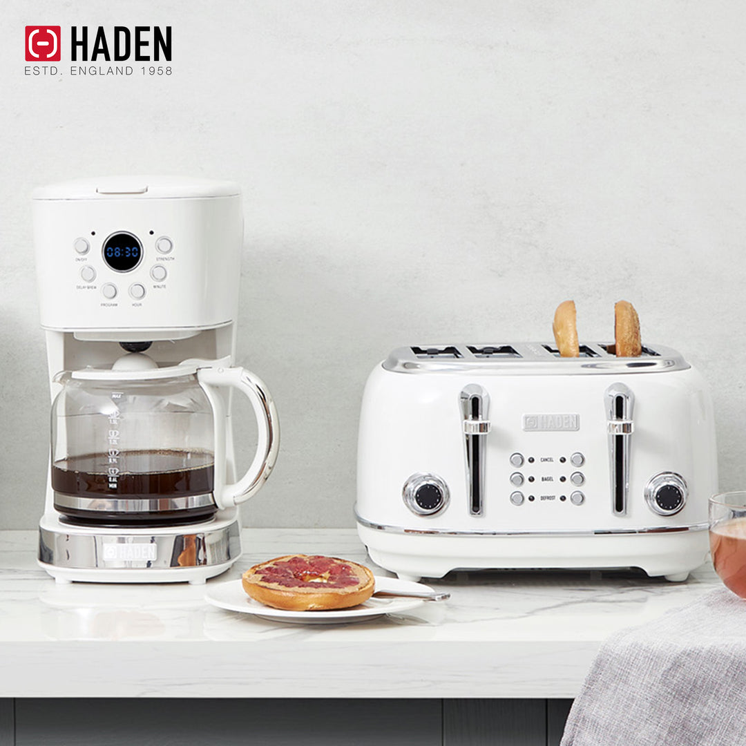 Haden Heritage 4 Slice Wide Slot Toaster & 12 Cup Coffee Maker, Ivory & Chrome