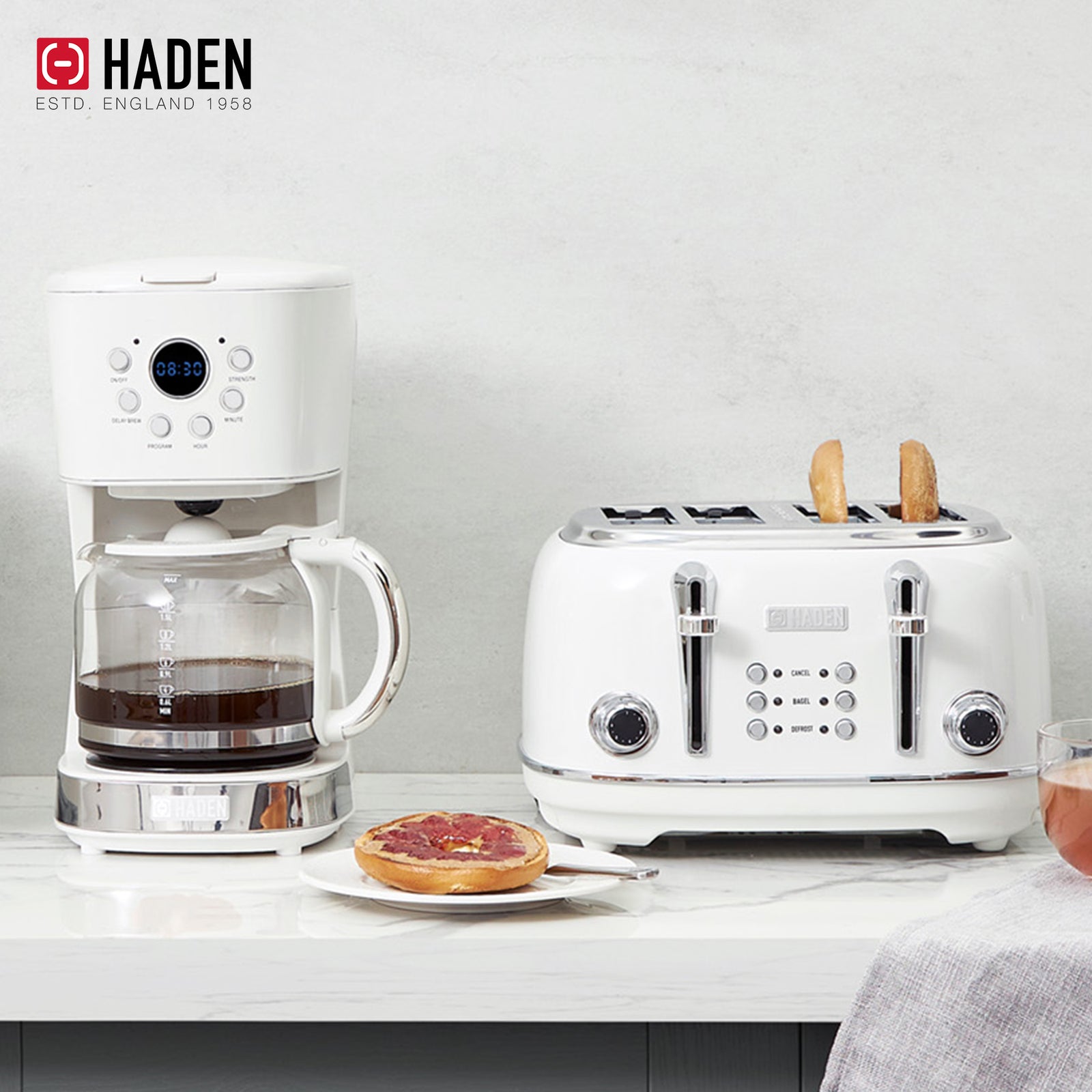 Haden Heritage 4 Slice Wide Slot Toaster & 12 Cup Coffee Maker, Ivory & Chrome - VMInnovations