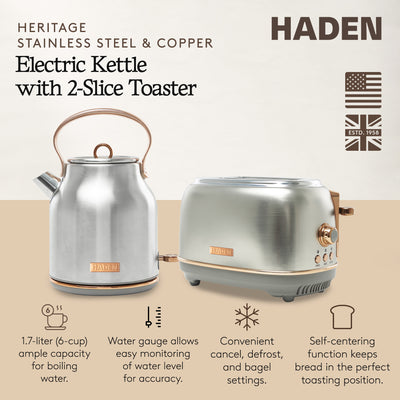 Haden Heritage 2 Slice Wide Slot Toaster & Electric Water Kettle, Steel & Copper