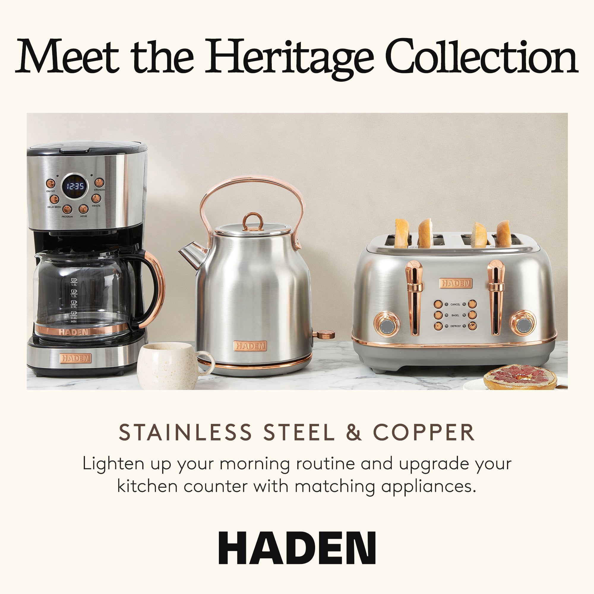 Haden Heritage 2 Slice Wide Slot Toaster & Electric Water Kettle, Steel & Copper