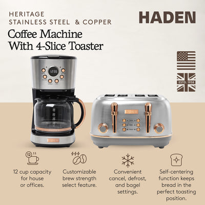 Haden Heritage 4 Slice Wide Slot Toaster & 12 Cup Coffee Maker, Steel & Copper - VMInnovations