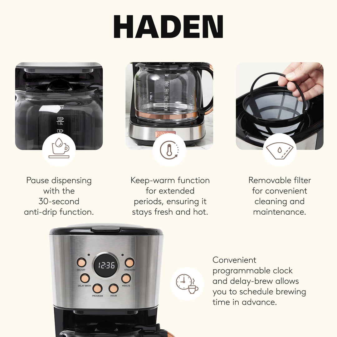 Haden Heritage 4 Slice Wide Slot Toaster & 12 Cup Coffee Maker, Steel & Copper - VMInnovations