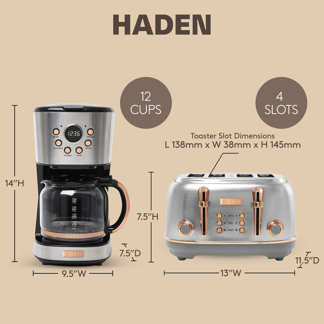 Haden Heritage 4 Slice Wide Slot Toaster & 12 Cup Coffee Maker, Steel & Copper - VMInnovations