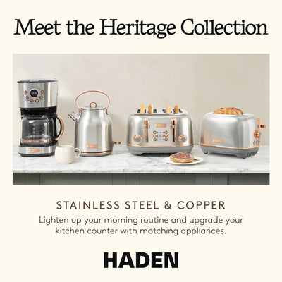 Haden Heritage 4 Slice Wide Slot Toaster & 12 Cup Coffee Maker, Steel & Copper - VMInnovations