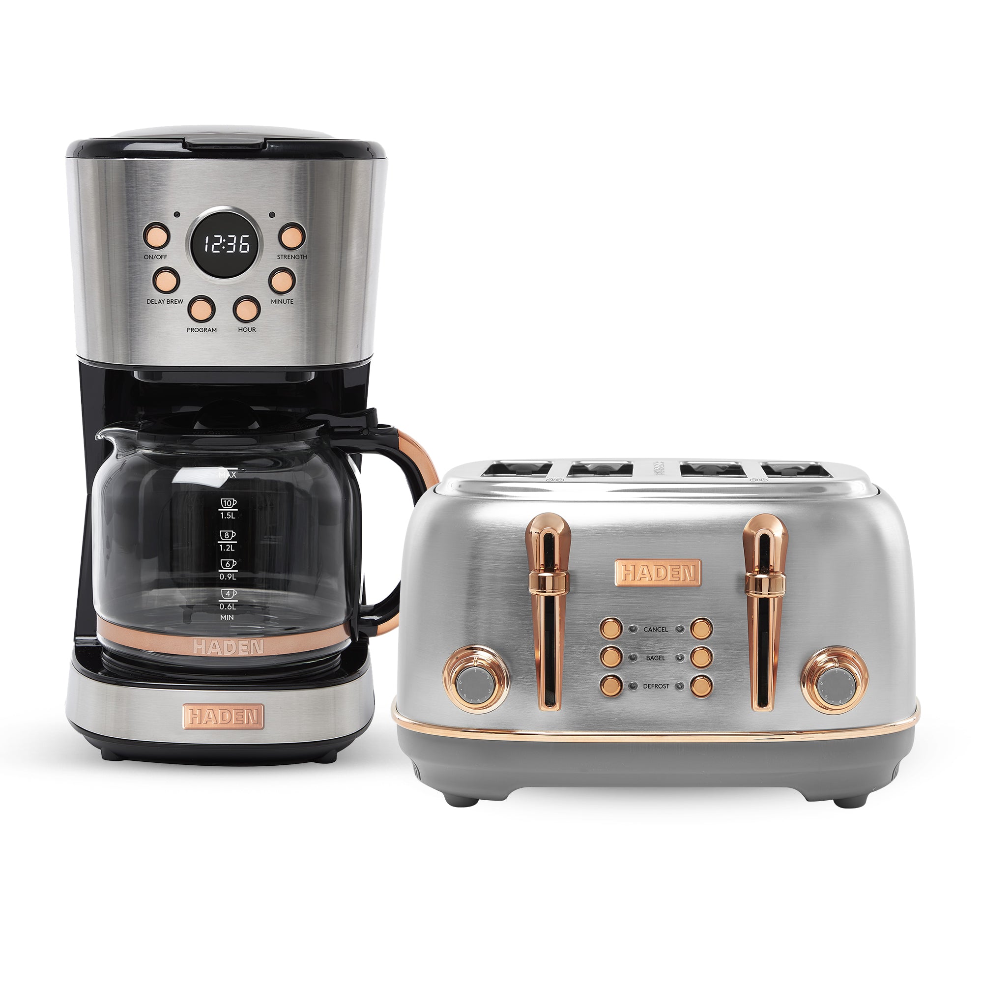 Haden Heritage 4 Slice Wide Slot Toaster & 12 Cup Coffee Maker, Steel & Copper - VMInnovations
