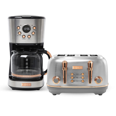 Haden Heritage 4 Slice Wide Slot Toaster & 12 Cup Coffee Maker, Steel & Copper - VMInnovations