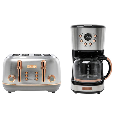 Haden Heritage 4 Slice Wide Slot Toaster & 12 Cup Coffee Maker, Steel & Copper