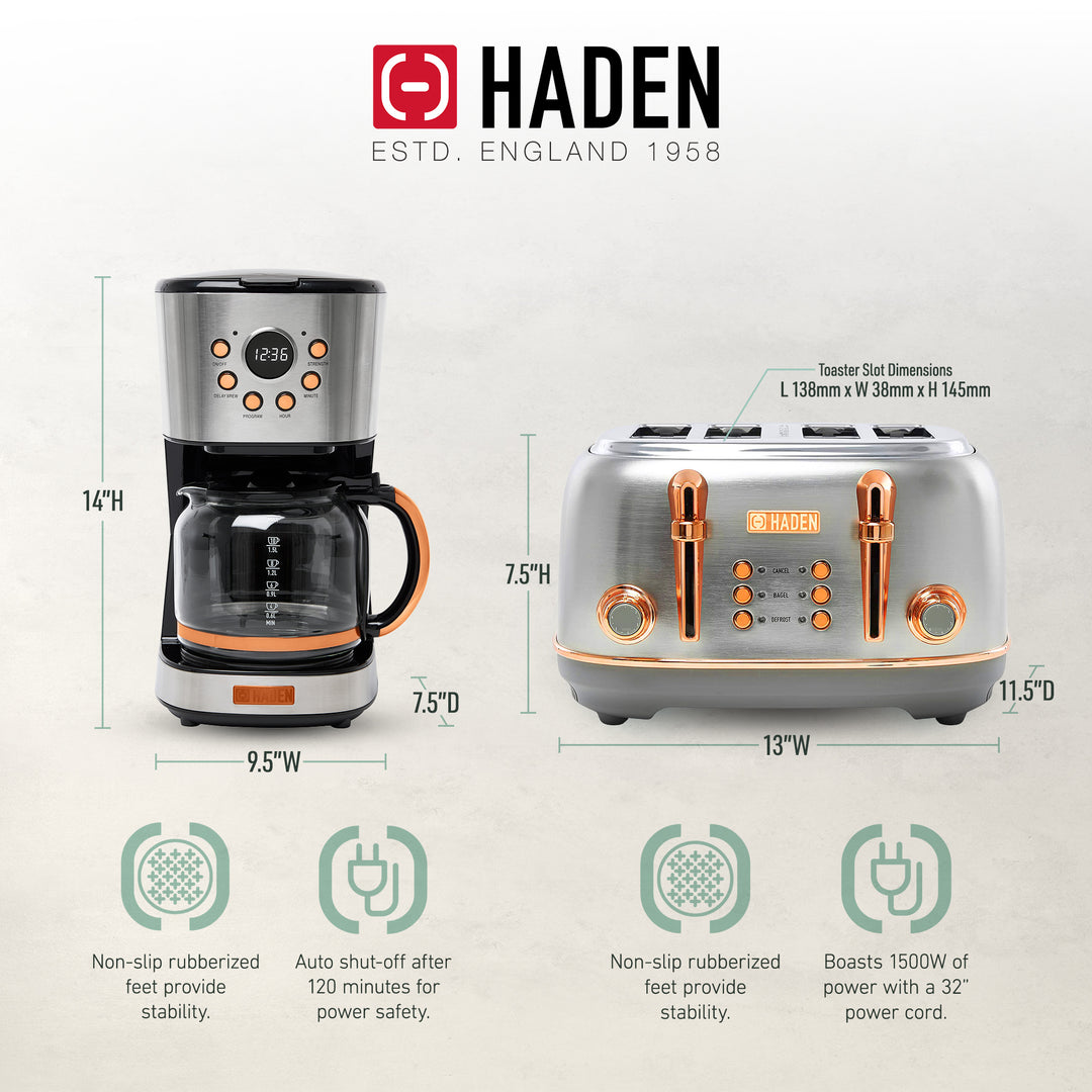 Haden Heritage 4 Slice Wide Slot Toaster & 12 Cup Coffee Maker, Steel & Copper