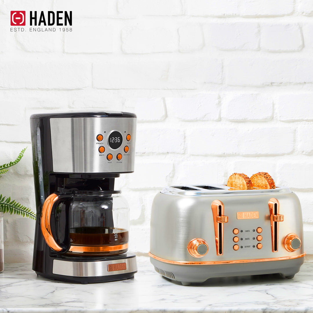 Haden Heritage 4 Slice Wide Slot Toaster & 12 Cup Coffee Maker, Steel & Copper