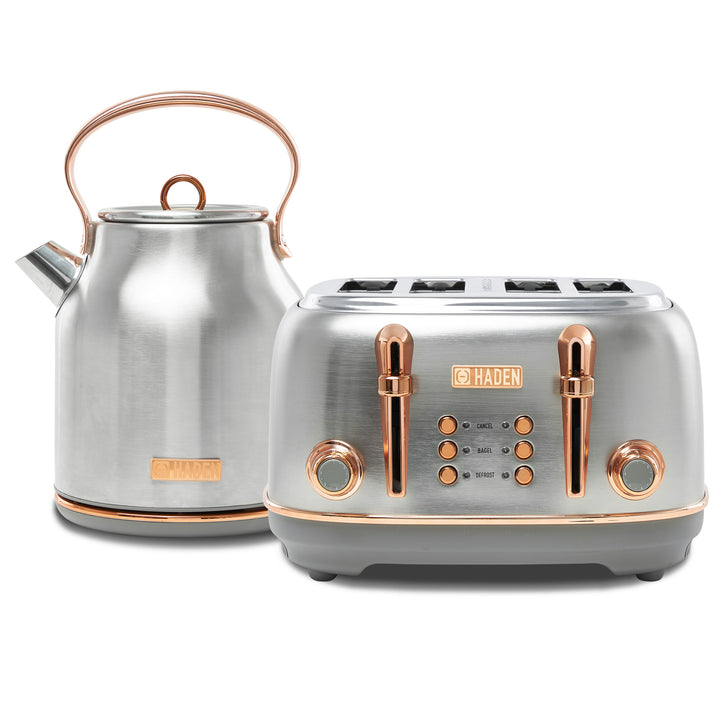 Haden Heritage 4 Slice Wide Slot Toaster & Electric Water Kettle, Steel & Copper