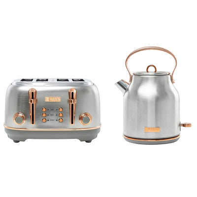 Haden Heritage 4 Slice Wide Slot Toaster & Electric Water Kettle, Steel & Copper