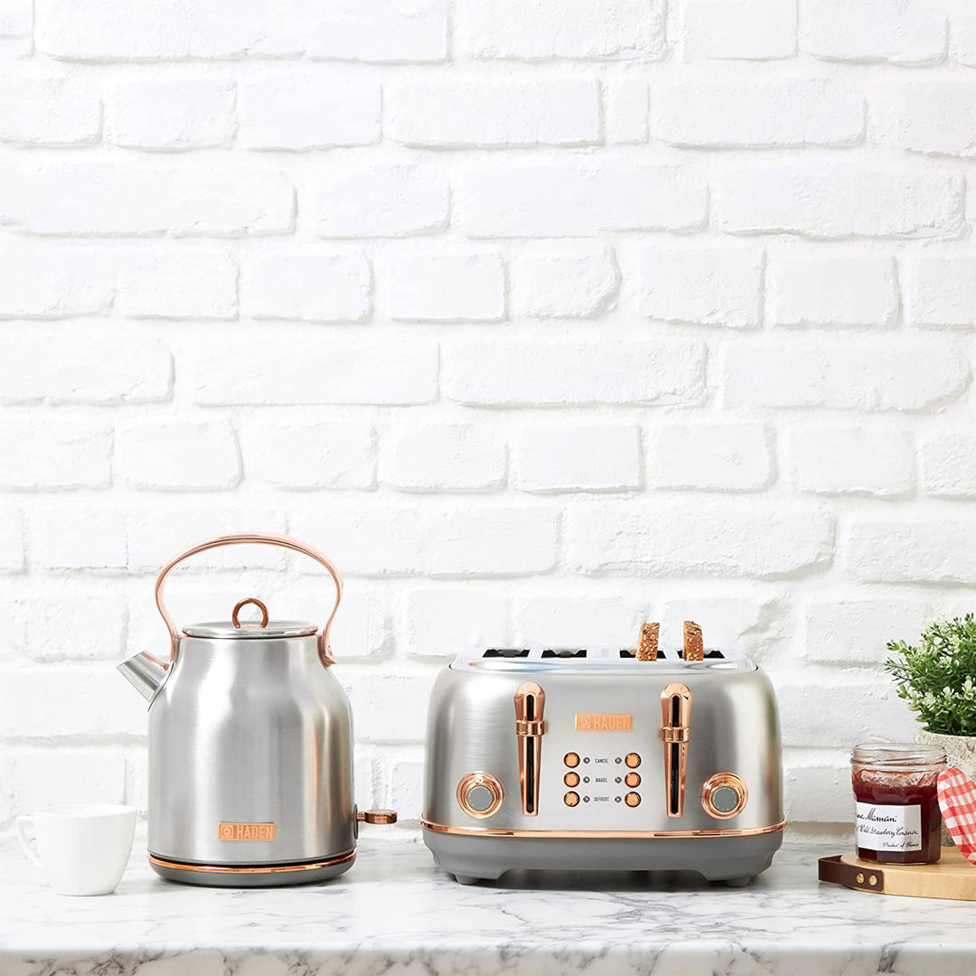 Haden Heritage 4 Slice Wide Slot Toaster & Electric Water Kettle, Steel & Copper