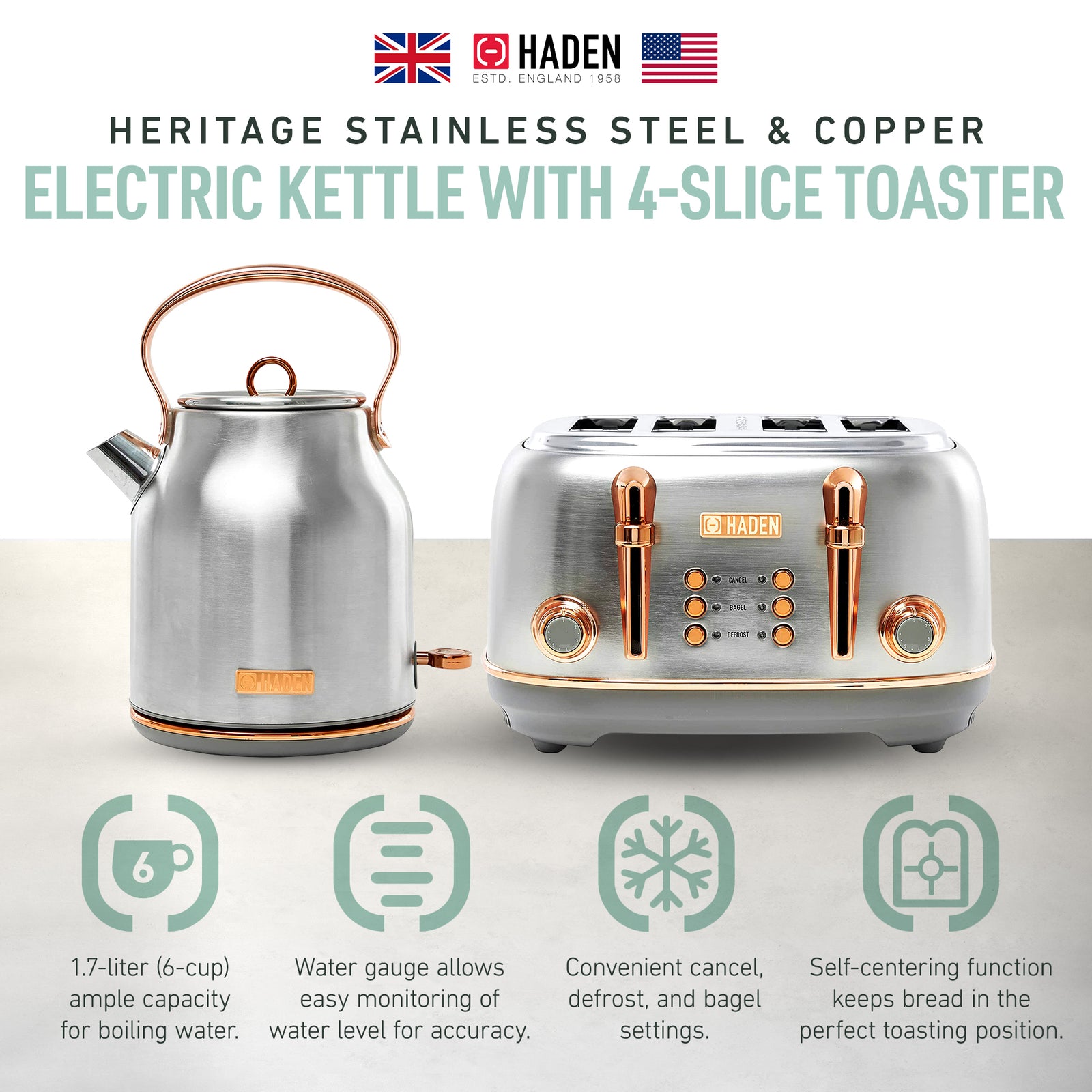 Haden Heritage 4 Slice Wide Slot Toaster & Electric Water Kettle, Steel & Copper - VMInnovations
