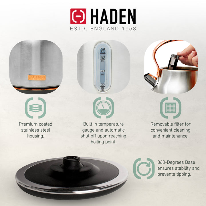 Haden Heritage 4 Slice Wide Slot Toaster & Electric Water Kettle, Steel & Copper