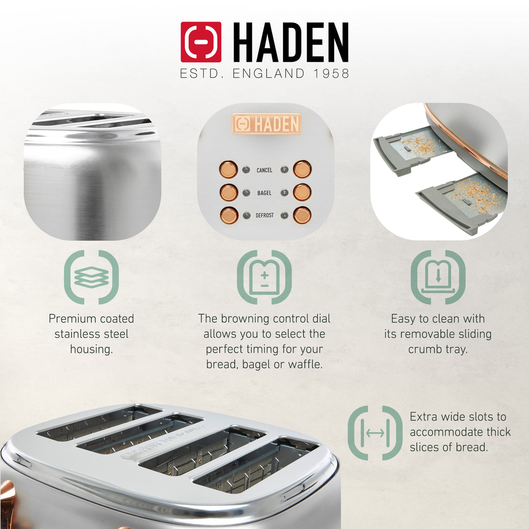 Haden Heritage 4 Slice Wide Slot Toaster & Electric Water Kettle, Steel & Copper