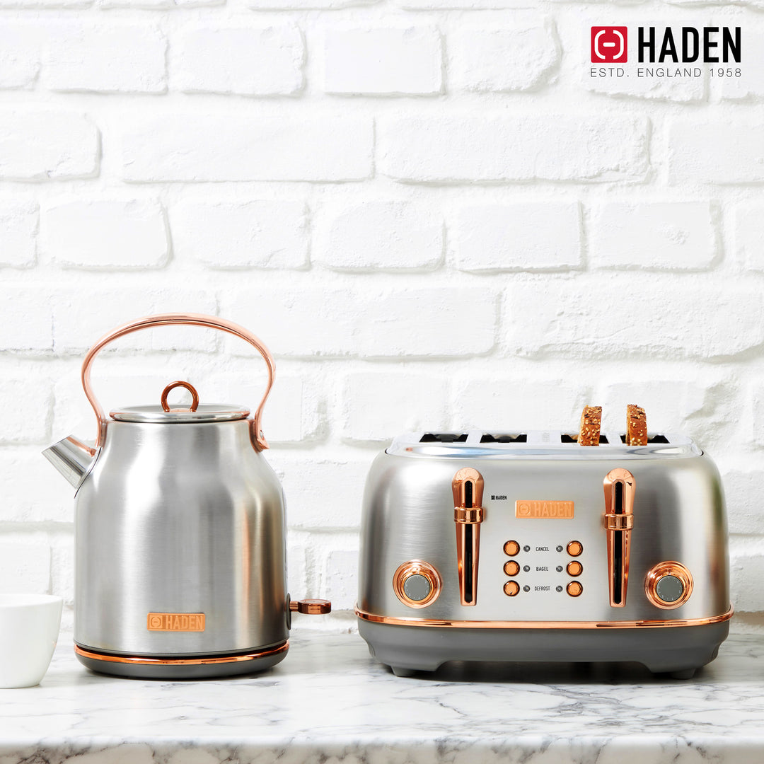 Haden Heritage 4 Slice Wide Slot Toaster & Electric Water Kettle, Steel & Copper