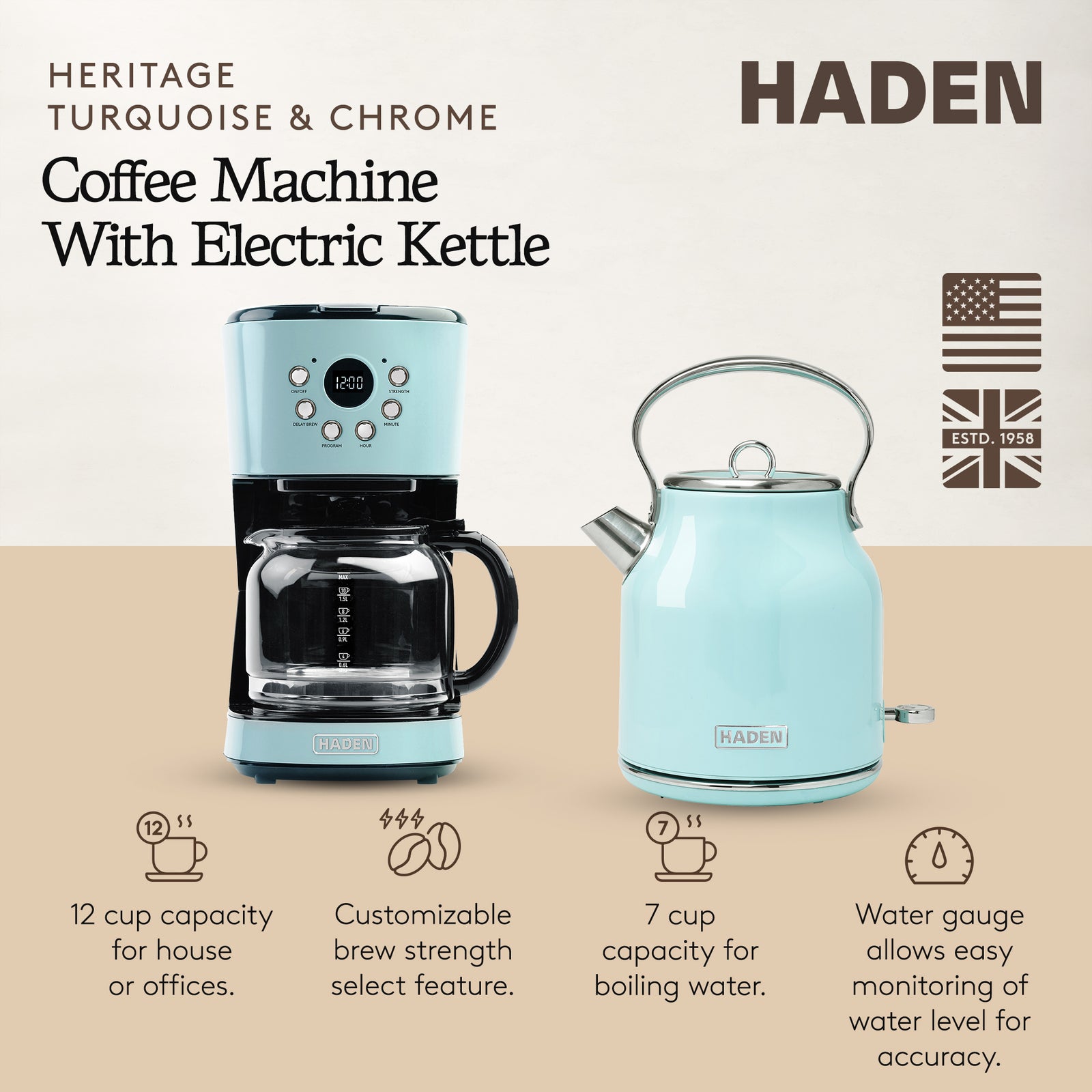 Haden 12 Cup Coffee Maker & Heritage 1.7L Electric Kettle, Turquoise & Chrome - VMInnovations