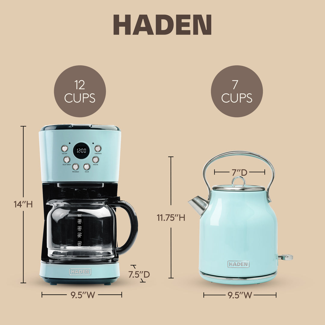 Haden 12 Cup Coffee Maker & Heritage 1.7L Electric Kettle, Turquoise & Chrome - VMInnovations