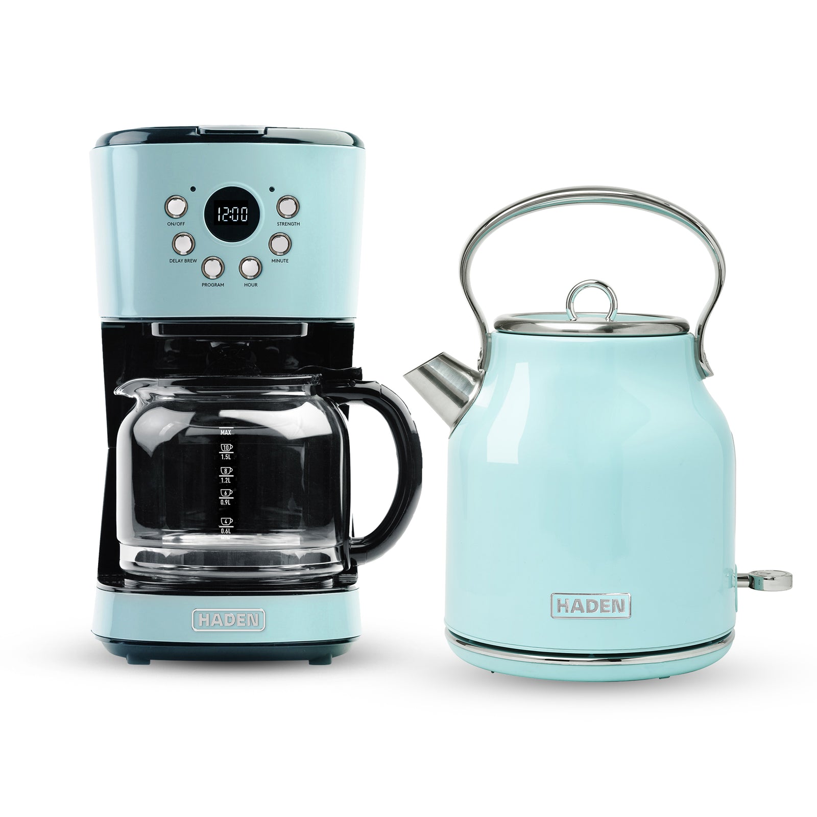 Haden 12 Cup Coffee Maker & Heritage 1.7L Electric Kettle, Turquoise & Chrome - VMInnovations