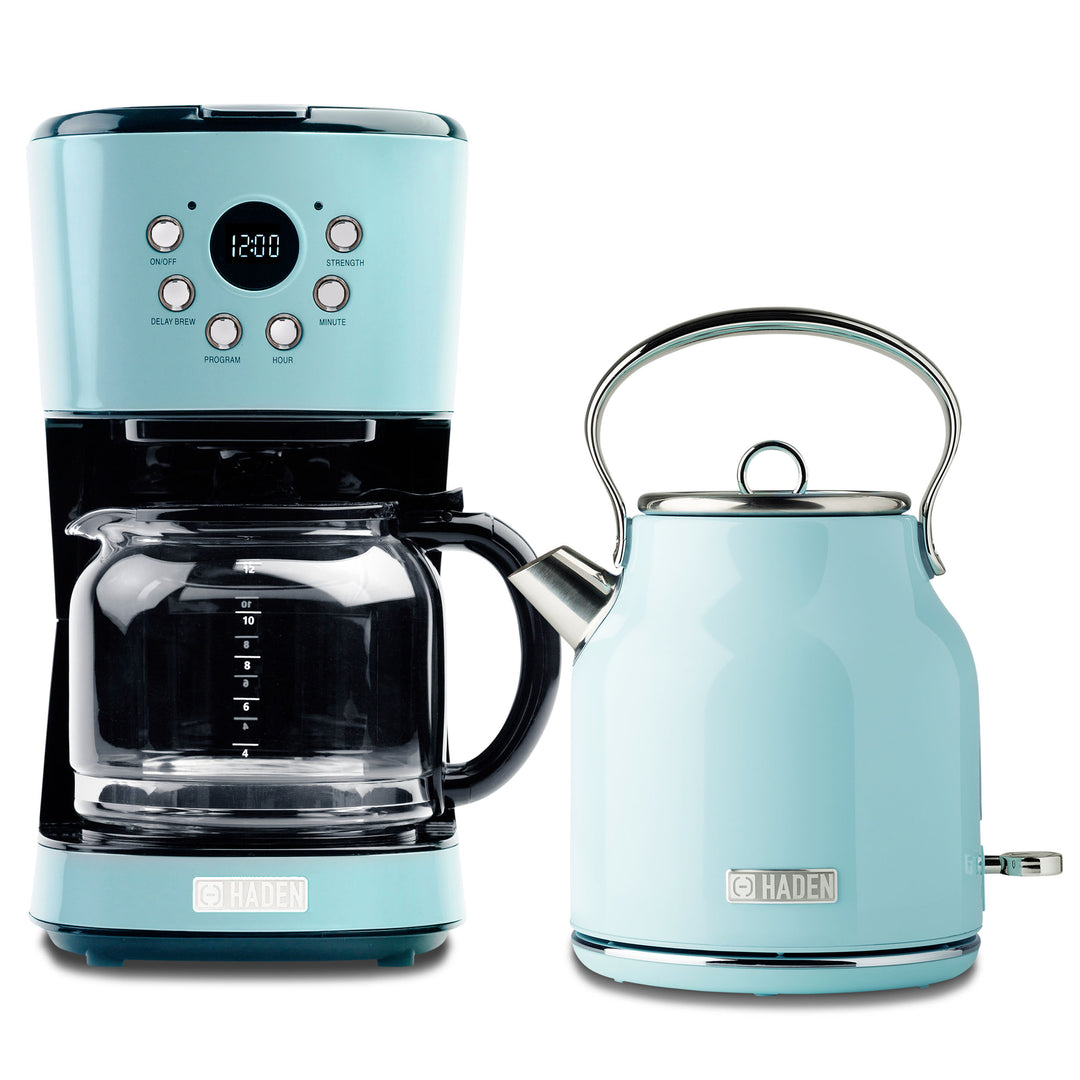 Haden 12 Cup Coffee Maker & Heritage 1.7L Electric Kettle, Turquoise & Chrome