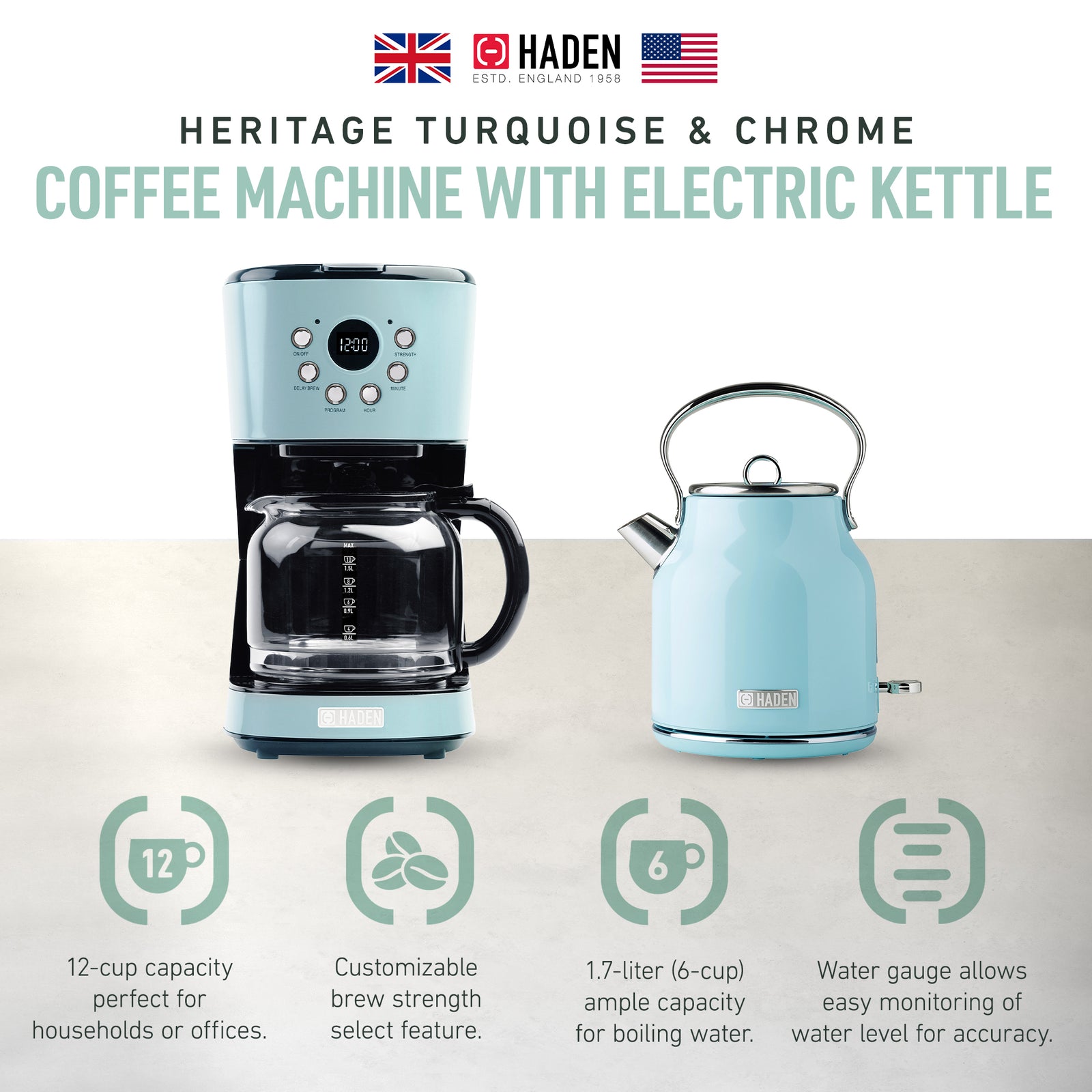 Haden 12 Cup Coffee Maker & Heritage 1.7L Electric Kettle, Turquoise & Chrome - VMInnovations
