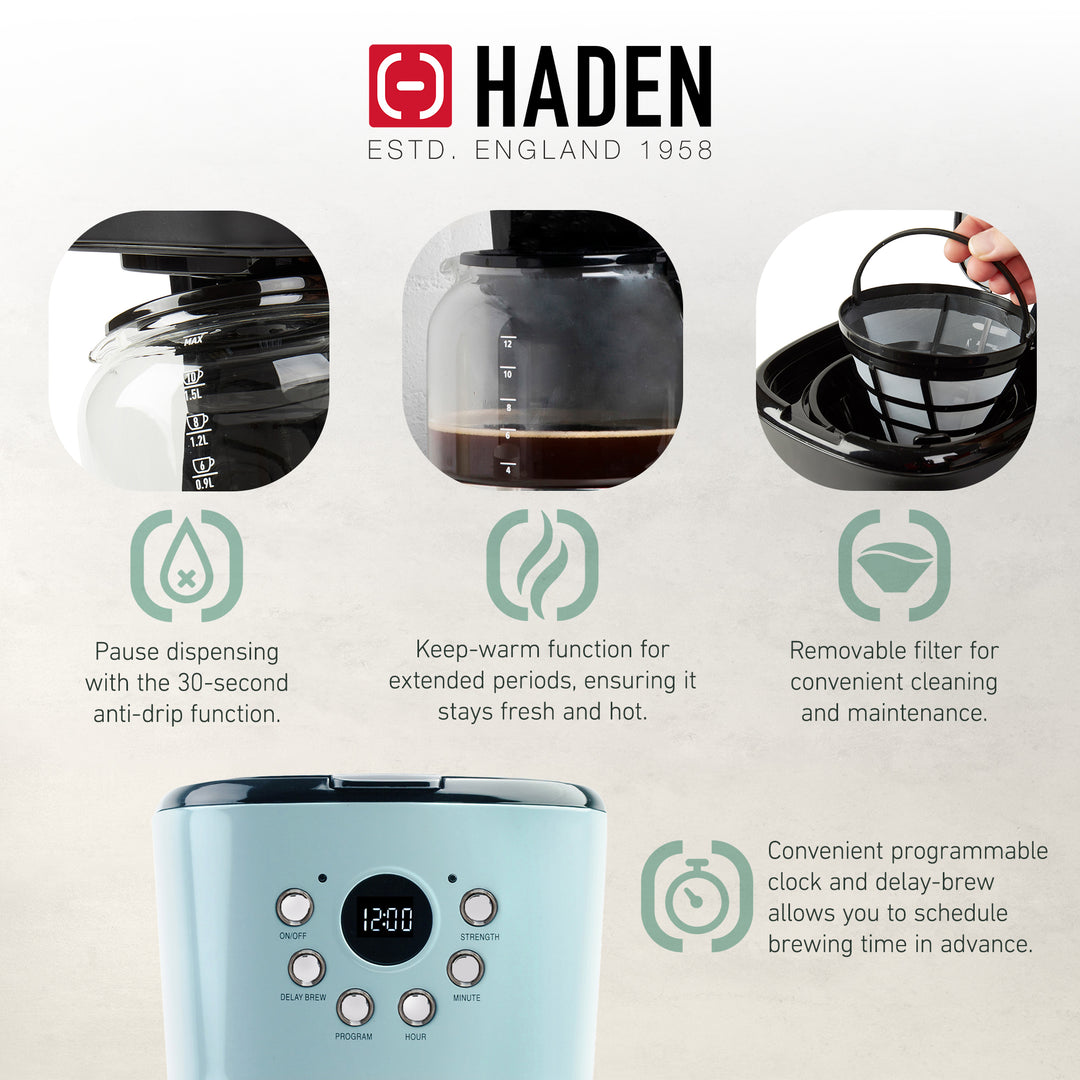 Haden 12 Cup Coffee Maker & Heritage 1.7L Electric Kettle, Turquoise & Chrome