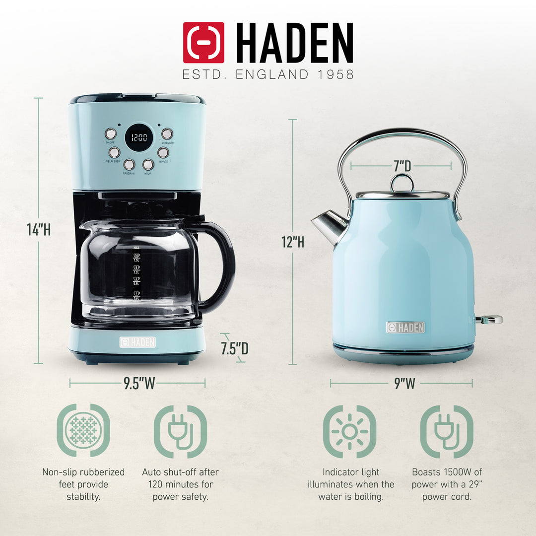 Haden 12 Cup Coffee Maker & Heritage 1.7L Electric Kettle, Turquoise & Chrome