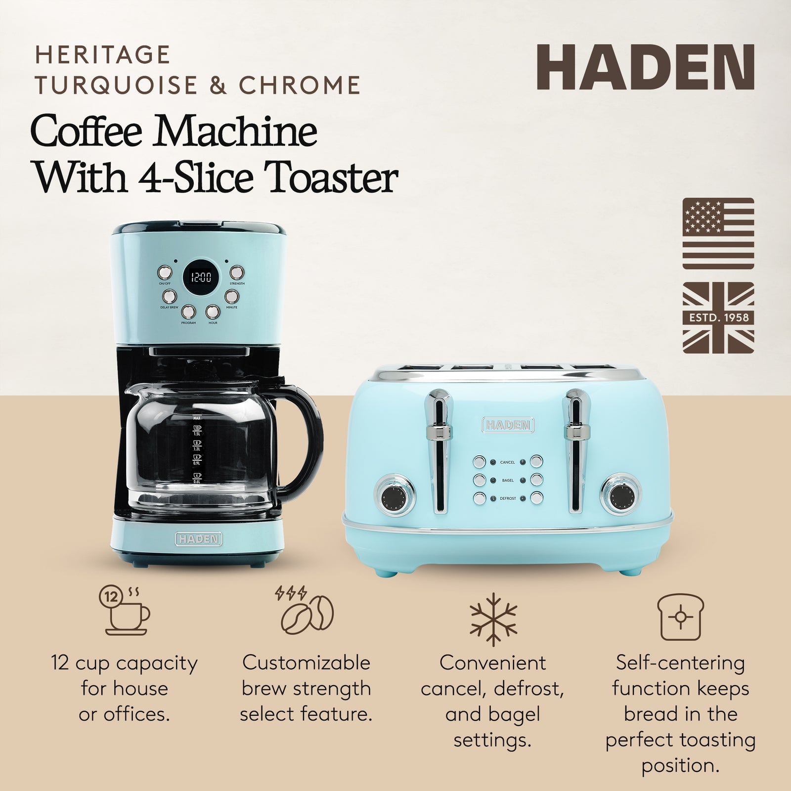 Haden Coffee Maker & Heritage 4 Slice Wide Slot Toaster, Turquoise & Chrome - VMInnovations