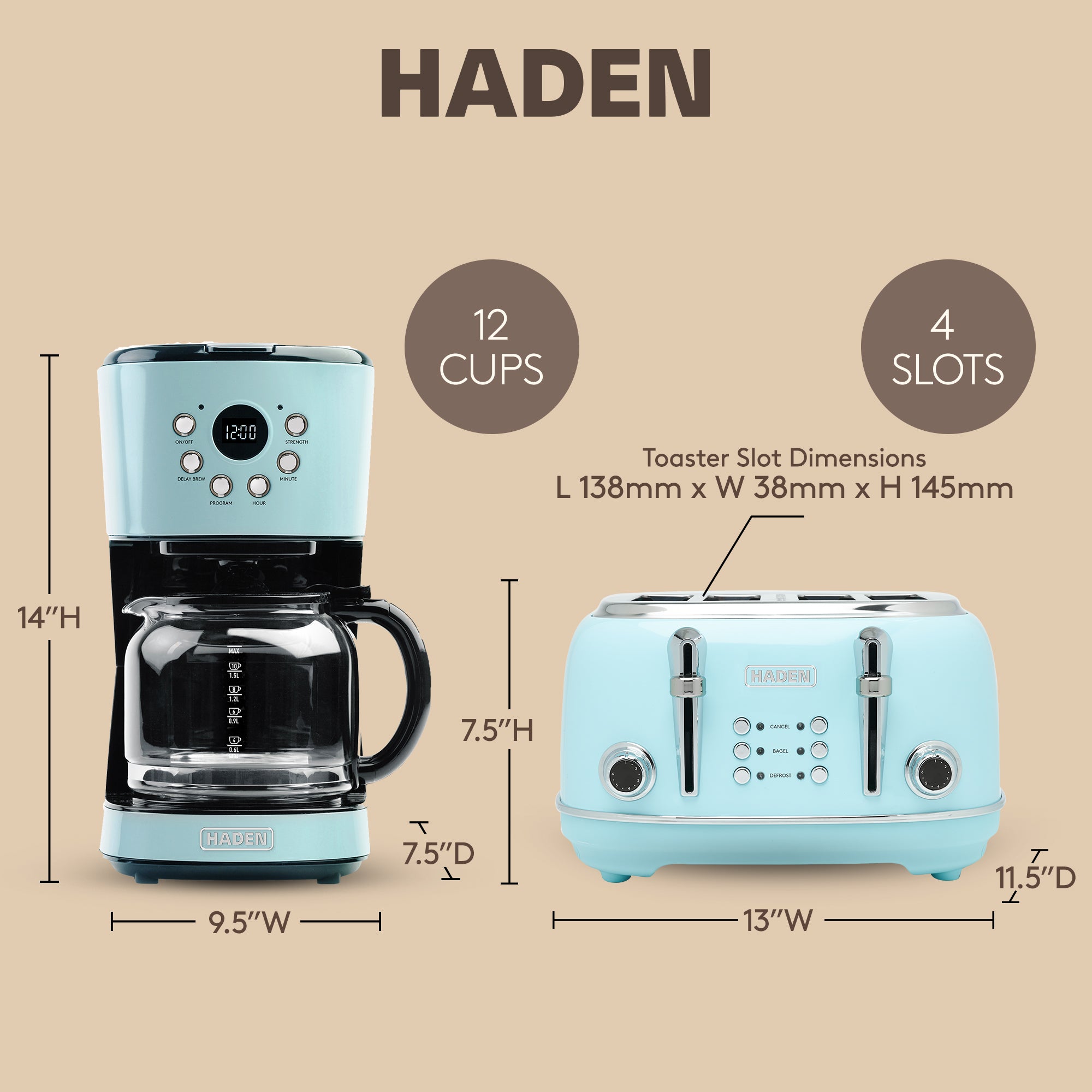 Haden Coffee Maker & Heritage 4 Slice Wide Slot Toaster, Turquoise & Chrome - VMInnovations