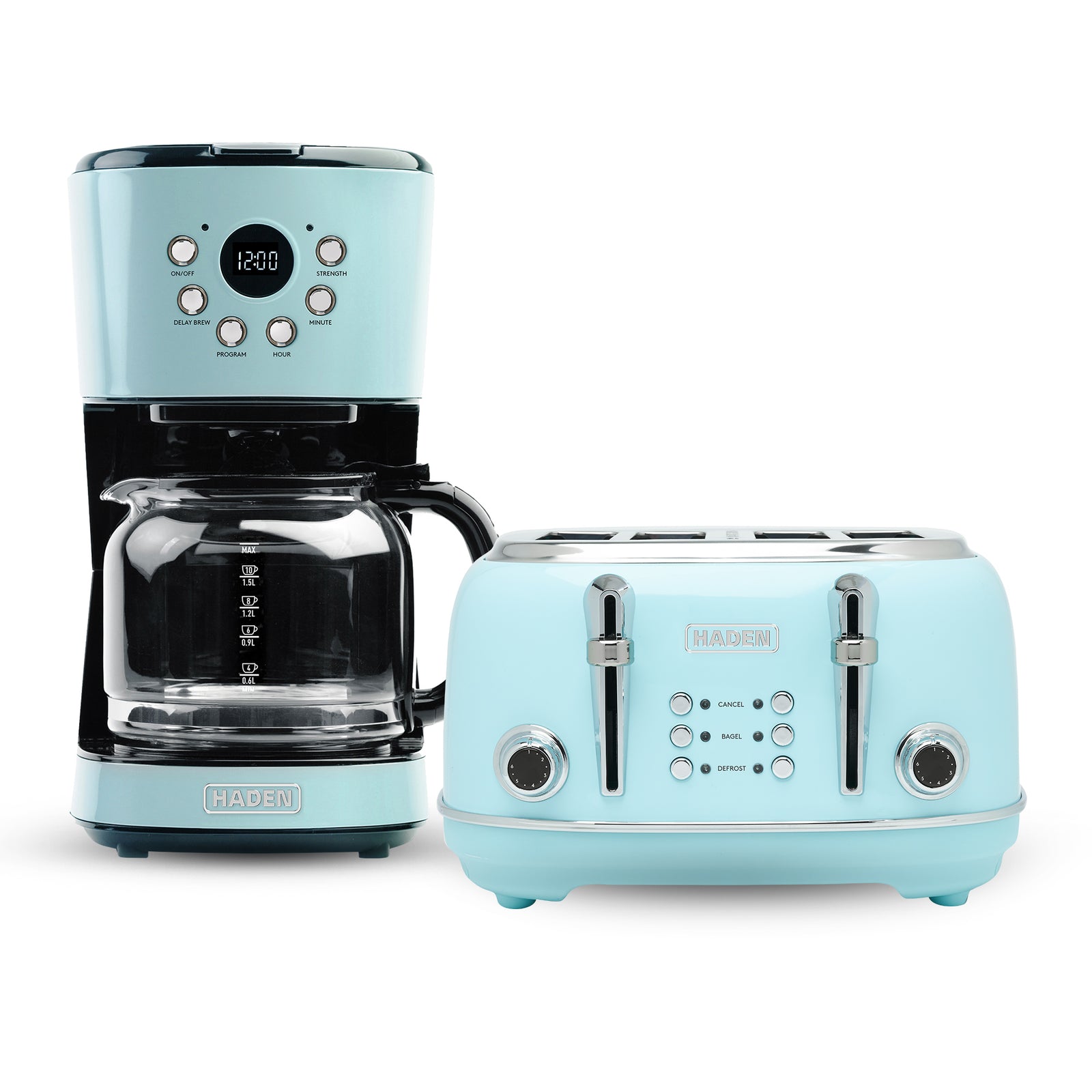 Haden Coffee Maker & Heritage 4 Slice Wide Slot Toaster, Turquoise & Chrome - VMInnovations